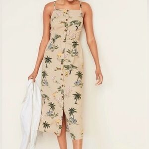 Old Navy Beige Linen Blend Safari Animal Palm Tree Print Midi Dress Size XXL 2XL